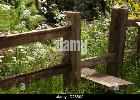 Hölzernen Stil Zaun zu weichen, informelle Pflanzen einschließlich Kuh Petersilie, Fenchel und Wilde Gräser eingelassen. Stockfoto