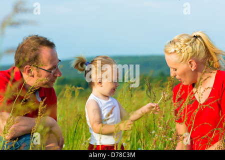 Eltern mit Kind in die Wiese und Löwenzahn Samen bei Sonnenschein weht Stockfoto