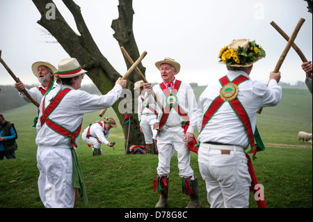 Die Chanctonbury Ring Morris Männer willkommen im Frühjahr am 1. Mai 2013 auf einem kalten Chanctonbury Hügel auf der Sussex South Downs UK Stockfoto