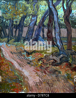 Pfad im Garten des Asylums, 1889 von Vincent van Gogh. Postimpressionistische Ölmalerei des Gartens des psychiatrischen Krankenhauses Saint-Remy im Herbst. Stockfoto