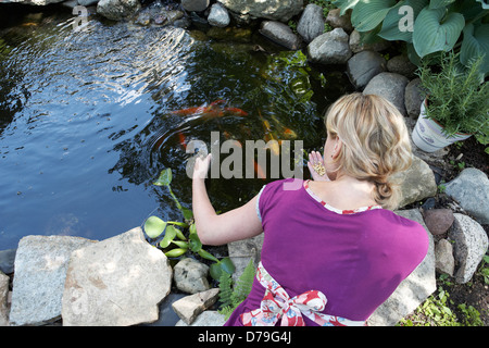 Frau, die Koi Fische füttern. Stockfoto