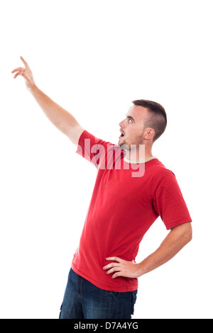 Überrascht Mann auf der Suche nach und nach oben, isoliert auf weißem Hintergrund Stockfoto