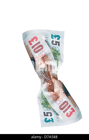 Nahaufnahme von Englisch £5 und £10 Note Money On White Background Finanzen Business-Konzept Stockfoto
