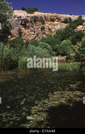 Banias oder Paneas Feder mit Pans Höhle auf Hintergrund in Banias eine antike Stätte, die entwickelt, um eine Feder einmal verbunden mit dem griechischen Gott Pan. Das Hotel liegt am Fuße des Berges Hermon, nördlich von den Golan-Höhen. Israel Stockfoto