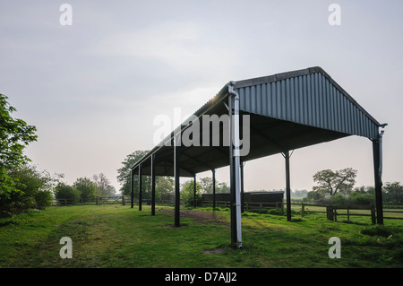 Ein stillgelegter Stahl Bauernhof Scheune Schuppen in einem Rasen Paddock in ländlichen Yorkshire, Vereinigtes Königreich. Stockfoto