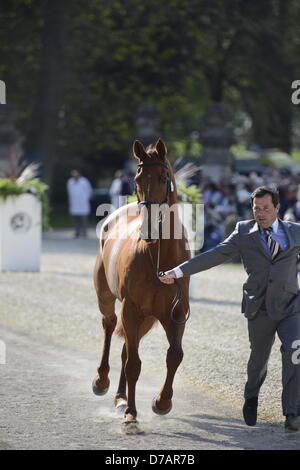 Badminton House, Badminton Estate, Gloucestershire, UK. 2. Mai 2013. Badminton Horse Trials 2013. Erstinspektion Pferd an der Vorderseite des Badminton House.   mit Kreditkarte: Maurice Piper/Alamy Live-Nachrichten Stockfoto