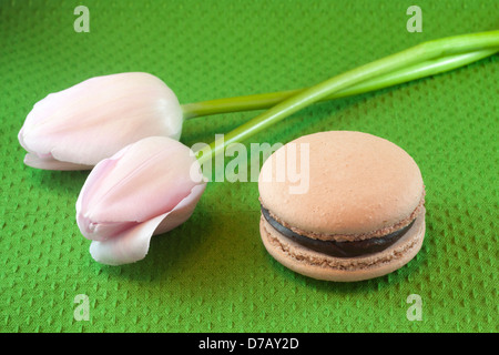 Makronen aus Schokolade und Erdnussbutter mit Tulpen auf grünem Hintergrund Stockfoto