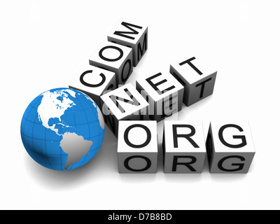 Konzept von Internet-Domains mit Globus isoliert auf weißem Hintergrund. Elemente des Bildes von der NASA eingerichtet. Stockfoto