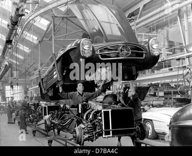 Produktion eines Sportwagens von Mercedes-Benz Typ 300 SL in Sindelfingen. Bild aus den 1950er Jahren. Stockfoto