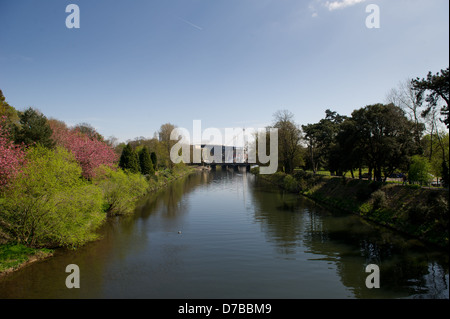 Einen Blick auf den Fluss Taff in Cardiffs Bute Park an einem sommerlichen Tag, mit dem Millennium Stadium sichtbar in der Ferne. Stockfoto