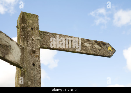 Öffentlichen Fußweg Zeichen in Moos und Flechten bedeckt. Devon, Englend Stockfoto