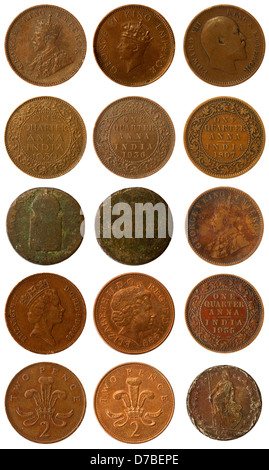 einige alte und neueren Kupfermünzen von Indien aus Großbritannien und aus Österreich Stockfoto
