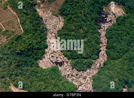 Luftaufnahme Amazon Regenwald-Abholzung, Protokollierung, Waldrodung, Brasilien. Transport von Truncks in den Flüssen. Stockfoto