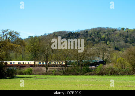 Buckland, Surrey, UK. 3. Mai 2013. Der British Pullman VS Orient Express Steam Locomotive BR (S) Handelsmarine Clan Line Klasse 4-6-2 Nr. 35028 rast durch die Surrey Hills bei Buckland, Dorking, Surrey, 1500hrs Freitag, 3. Mai 2013 auf dem Weg nach London Victoria. Foto von Lindsay Constable/Alamy Live-Nachrichten Stockfoto