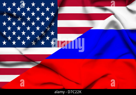 Vereinigte Staaten von Amerika und Russland wehende Flagge Stockfoto