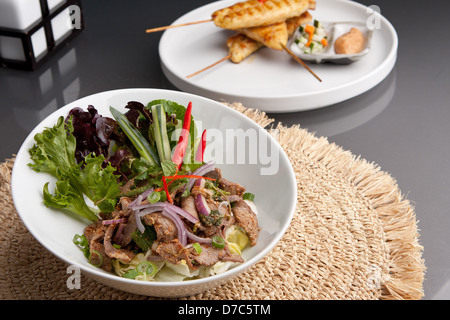 Asiatische Thai-Salat mit Steak und Chicken Satay gegrilltes Huhn auf Spieße Vorspeisen im Hintergrund. Stockfoto