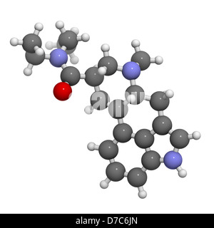 Lysergic Acid Diethylamide (LSD) halluzinogene Droge, Molekülmodell. Atome sind als Kugeln mit vertreten. Stockfoto