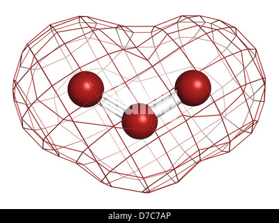 Ozon (Trioxygen, O3) Molekül, chemische Struktur. Atome werden als Kugeln mit konventionellen Farbkodierung dargestellt. Stockfoto