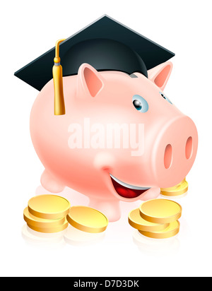 Cartoon Bildung Sparschwein mit Mörtel Board Graduation Hut auf und Goldmünzen. Stockfoto