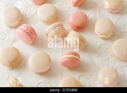 Auswahl an französischen Mandel Macarons auf weißem Holz, Teil einer Serie. Stockfoto