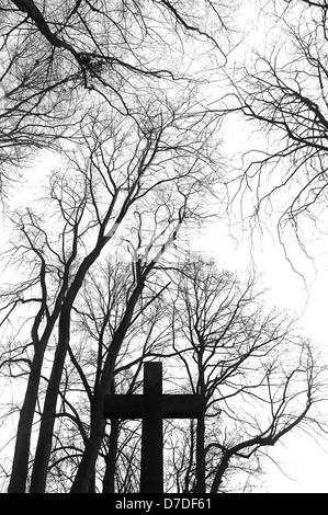 Das Kreuz in den Friedhof und Zweigen, den Himmel zu erreichen. Stockfoto