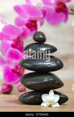 Japanischer Zen-Garten mit gestapelten Steinen und Orchidee Blume Stockfoto