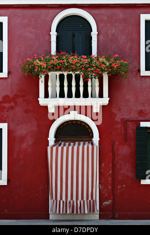 Fenster mit Blumen in Burano, Italien Stockfoto
