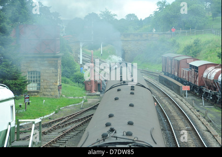 Dampf-Bahn, Bahnhof Goathland, Eisenbahnlinien, Kutschen, Bäume Stockfoto