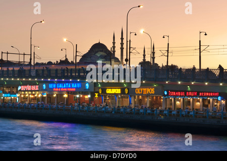 Die Galata-Brücke und der Süleymaniye-Moschee im Hintergrund in Istanbul. Stockfoto