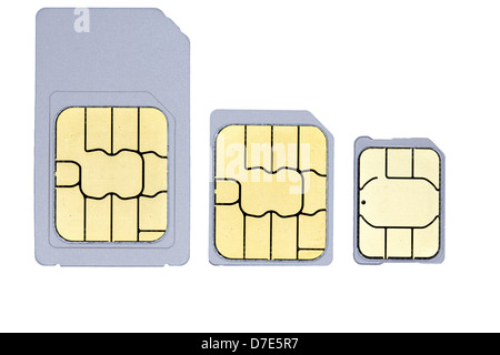 Eine Nahaufnahme von einer Mini-Sim, eine Micro-SIM- und einer Nano-Sim. Stockfoto