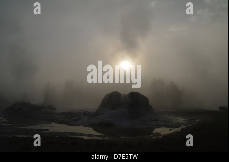 Nebligen Dämmerung Himmel Sonne durch Dampf steigt aus schwarzen Sinter Kegel Grotto-Geysir, Yellowstone Hotspot, Wyoming, USA Stockfoto