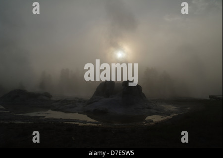 Sonne durch Dampf steigt in nebligen Morgendämmerung Himmel von Schwarz Sintern Kegel Grotto-Geysir, Yellowstone Hotspot, Wyoming, USA Stockfoto