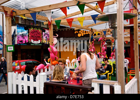 Die Bestellungen von Kunden sitzen an rustikale überdachte Terrasse mit rosa Kunststoff Flamingo Dekor The Rumpus Room Restaurant Kellnerin Stockfoto