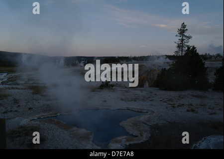 Dawn Himmel anzeigen, Richtung Norden nach Geyser Hill, dampfenden Wasser Blue Star Frühjahr, Old Faithful Group, Lower Geyser Basin, Yellowstone Stockfoto