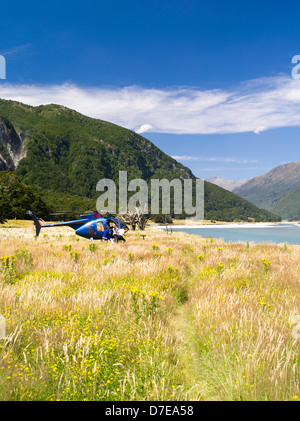 Touristen gehen von einem Hubschrauber entlang der Wilkins Flussgebiet, Mount Aspiring National Park, Neuseeland Stockfoto