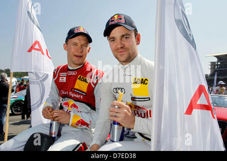 Motorsport / DTM: Deutsche Tourenwagen Meisterschaft 2013 1. Rennen in Hockenheim, #11 Mattias Ekstroem (SWE, Audi Sport Team Abt Sportsline / Red Bull Audi RS 5 DTM), #12 Jamie Green (GBR, Audi Sport Team Abt Sportsline / Red Bull Audi RS 5 DTM), Stockfoto