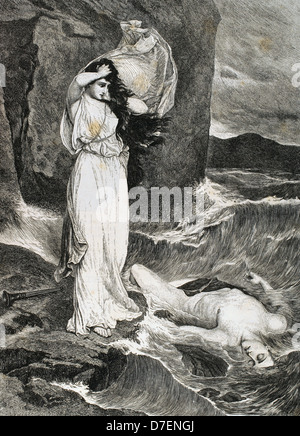 Liebhaber-Held, Priesterin der Aphrodite und Leander, junger Mann von Abydos. Leander ertrank. Kupferstich von Walla. Stockfoto