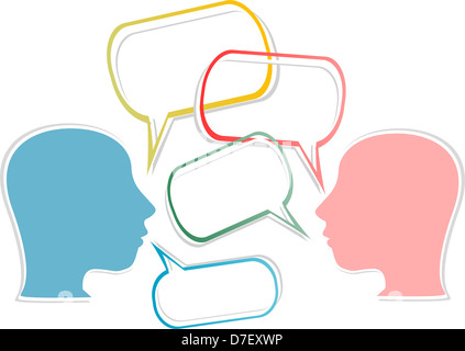 Dialog-Konzept. ein menschlicher Kopf mit Sprechblasen Stockfoto