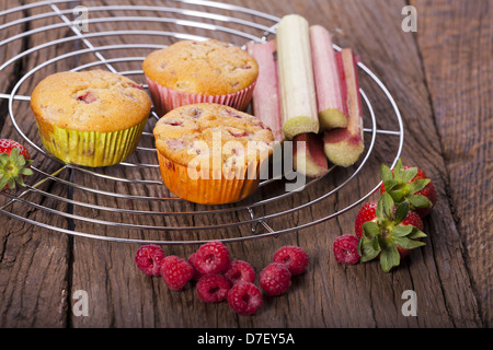 Einige ganze Erdbeere Rhabarber und Himbeer Muffins mit frischem Obst auf einem Kuchengitter Kuchen Stockfoto