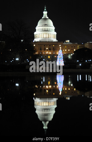 United States Capitol Dome und Ulysses S. Grant Denkmal samt Weihnachtsbaum spiegeln sich in der Nacht im Capitol Reflection Pool Stockfoto