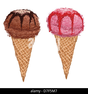 Closeup Illustration Erdbeer und Schokolade Eis in Kegel mit Sirup an der Spitze. Stockfoto