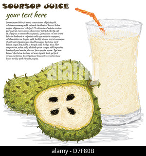 Closeup Darstellung frische Soursop Früchte und ein Glas Soursop Saft in weißen Hintergrund isoliert. Stockfoto