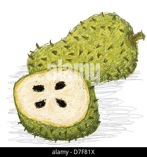 Closeup Darstellung frische ganze und halbe Soursop Früchte. Stockfoto