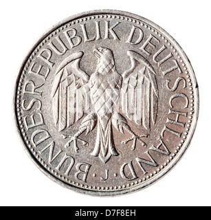 Frontaler Ansicht Rückseite (Tails) eine 1 Deutsche Mark (DM) Münze im Jahr 1989. Dargestellt ist deutsche Wappen - Bundesadler. Stockfoto