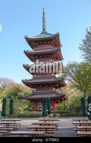 Kan'ei-Ji (Kaneiji) ist original fünfgeschossige Pagode in Ueno-Park, Tokio, Japan. Leere Bänke Stockfoto