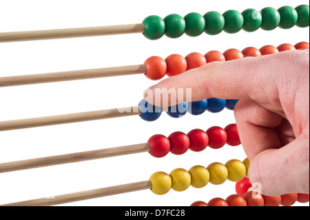 Recommended Abacus und Hand auf weißem Hintergrund Stockfoto