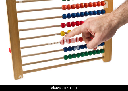 Abacus mit Hand auf weißem Hintergrund Stockfoto