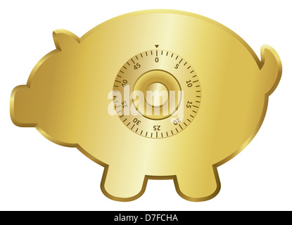 Goldene Sparschwein-Symbol mit einem Zahlenschloss. Stockfoto