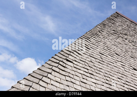 Grobe Eiche Fliesen bilden die Dacheindeckung im Besucherzentrum im Brockholes Naturreservat in Preston, England. Stockfoto