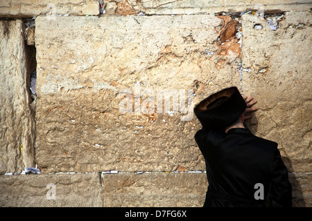 Ein orthodoxe jüdischer Erwachsene Mann gedrückt im Gebet vor der Klagemauer in der Jerusalemer Altstadt. Stockfoto